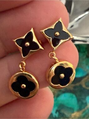 Gold and Black Floral Drop Earrings - Clover & Flower